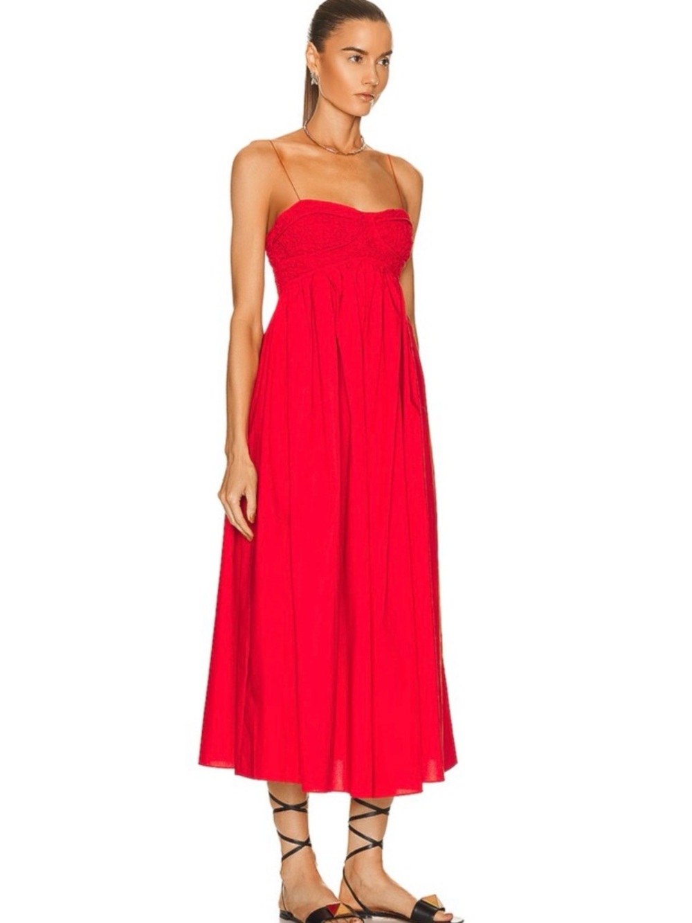 Cecilie Bahnsen Red Smocked-Bust Spaghetti-Strap Midi Dress